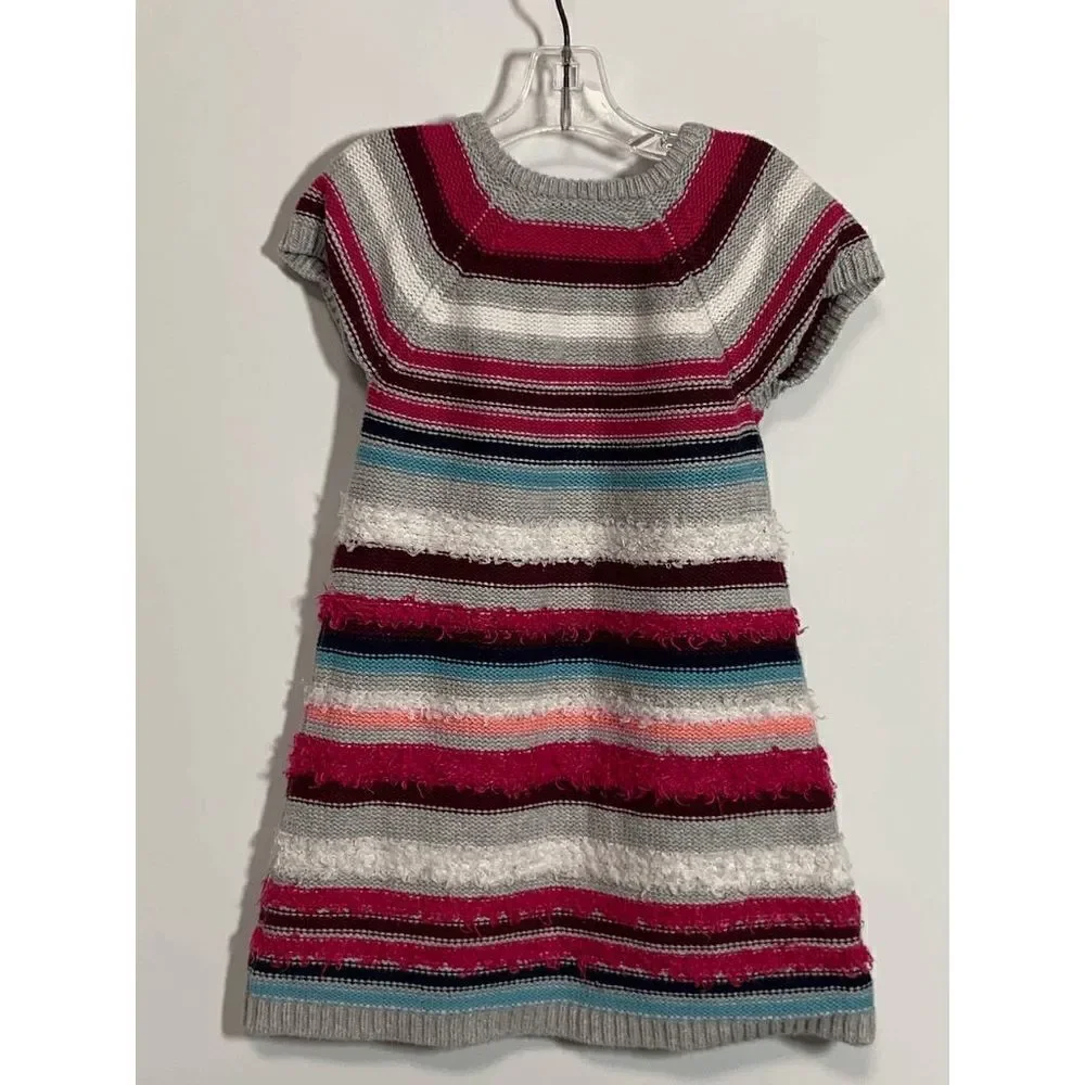 Gymboree Girls Striped Fuzzy Knit Sweater Dress Short Sleeve Gray Pink Size 4